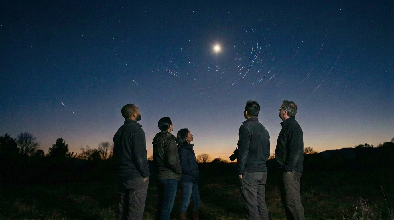 A diverse group of people looking at the night sky